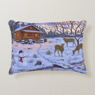 Winter Cabin Deer In Snow Christmas Scene Accent Pillow