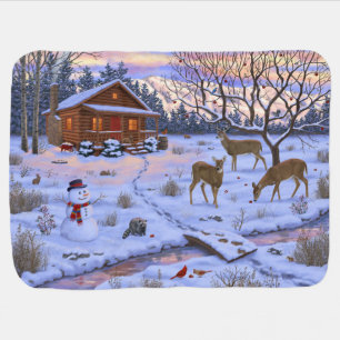 Winter Cabin Deer In Snow Christmas Scene Baby Blanket
