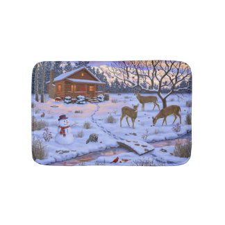 Winter Cabin Deer In Snow Christmas Scene Bath Mat