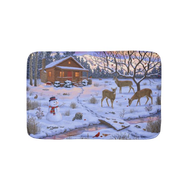 Winter Cabin Deer In Snow Christmas Scene Bath Mat (Front)