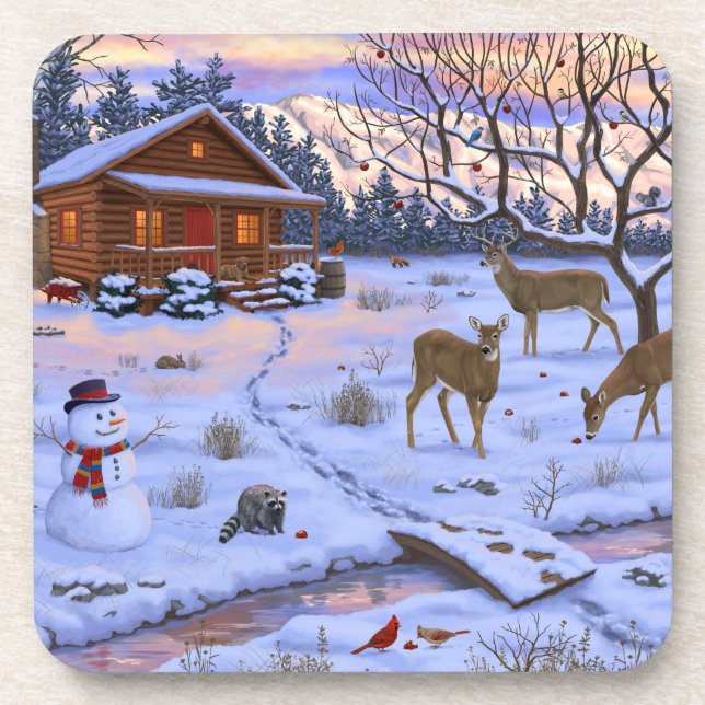 Winter Cabin Deer In Snow Christmas Scene Beverage Coaster (Front)