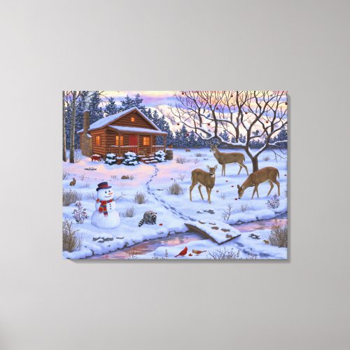 Winter Cabin Deer In Snow Christmas Scene Canvas Print