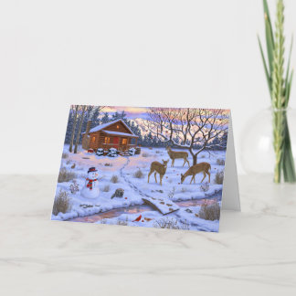 Winter Cabin Deer In Snow Christmas Scene Card