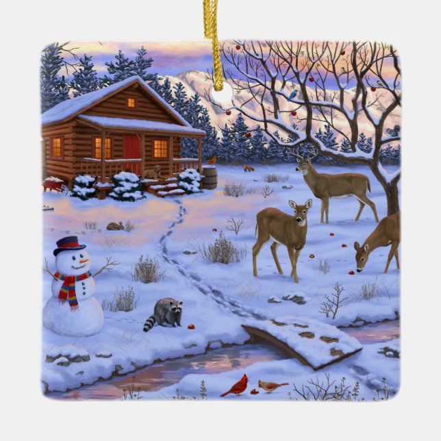 Winter Cabin Deer In Snow Christmas Scene Ceramic Ornament (Front)