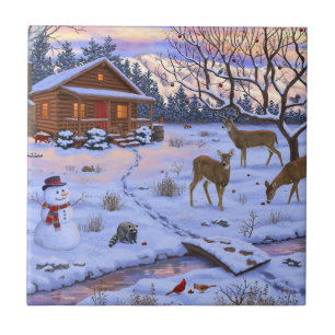 Winter Cabin Deer In Snow Christmas Scene Ceramic Tile