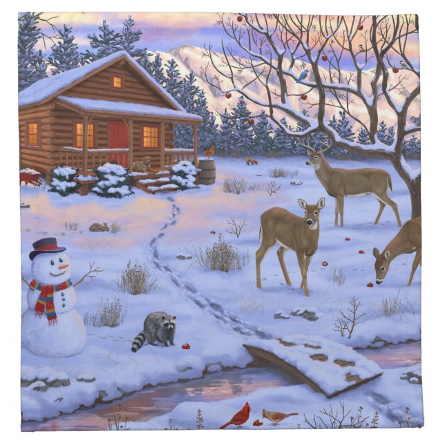 Winter Cabin Deer In Snow Christmas Scene Cloth Napkin (Front)