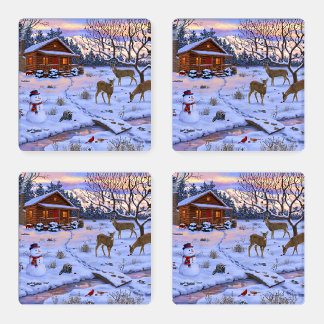 Winter Cabin Deer In Snow Christmas Scene Coaster Set