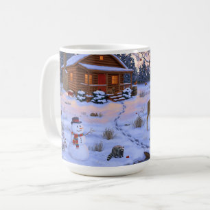 Winter Cabin Deer In Snow Christmas Scene Coffee Mug
