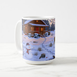 Winter Cabin Deer In Snow Christmas Scene Coffee Mug