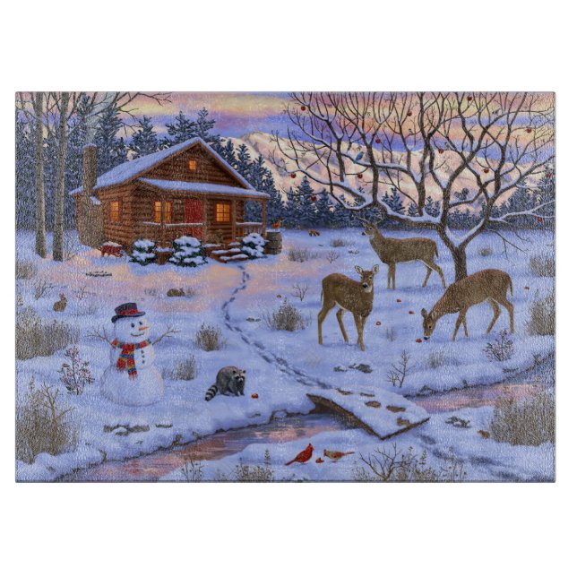 Winter Cabin Deer In Snow Christmas Scene Cutting Board (Front)