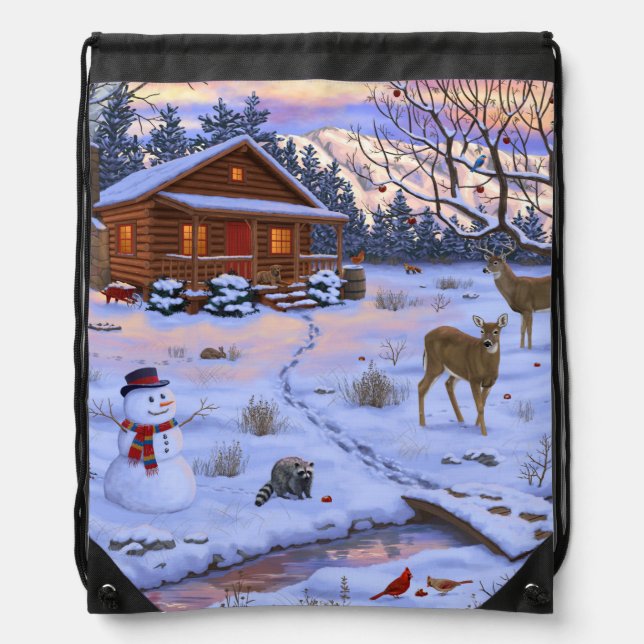 Winter Cabin Deer In Snow Christmas Scene Drawstring Bag (Front)