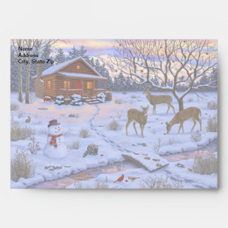 Winter Cabin Deer In Snow Christmas Scene Envelope