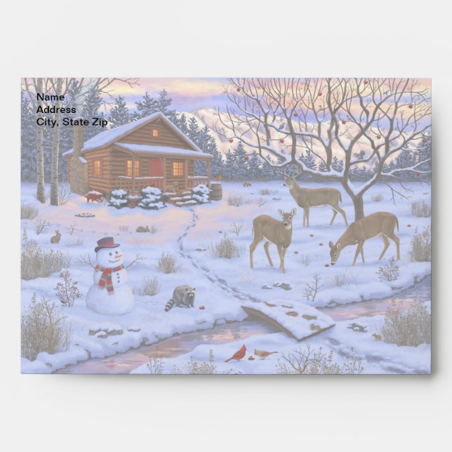 Winter Cabin Deer In Snow Christmas Scene Envelope (Front)