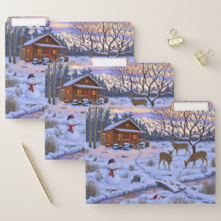 Winter Cabin Deer In Snow Christmas Scene File Folder