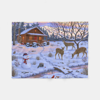 Winter Cabin Deer In Snow Christmas Scene Fleece Blanket