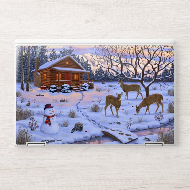 Winter Cabin Deer In Snow Christmas Scene HP Laptop Skin (Front)