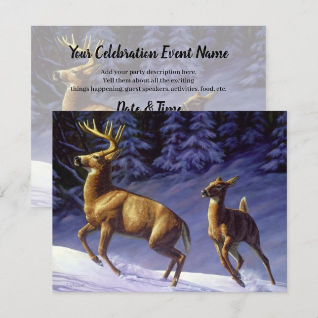 Winter Cabin Deer In Snow Christmas Scene Invitati Invitation (Front/Back)