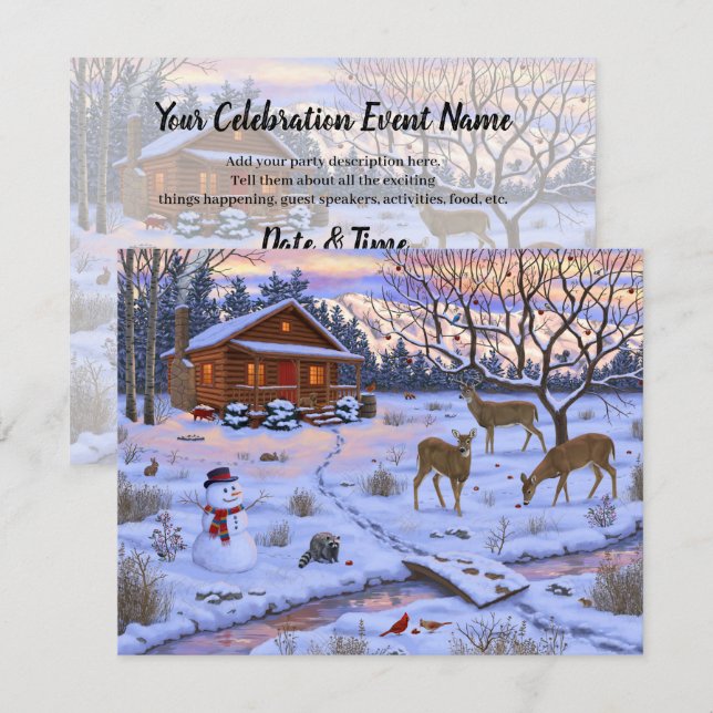 Winter Cabin Deer In Snow Christmas Scene Invitation (Front/Back)