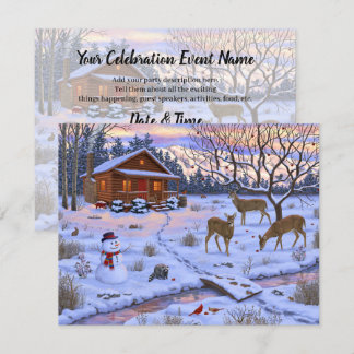 Winter Cabin Deer In Snow Christmas Scene Invitation
