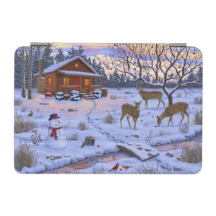Winter Cabin Deer In Snow Christmas Scene iPad Mini Cover