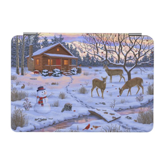 Winter Cabin Deer In Snow Christmas Scene iPad Mini Cover (Horizontal)
