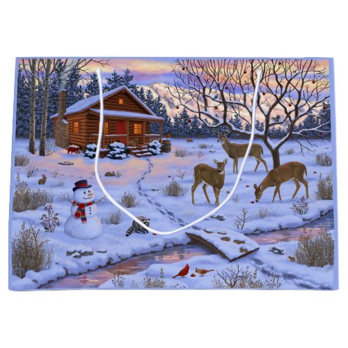Winter Cabin Deer In Snow Christmas Scene Large Gift Bag