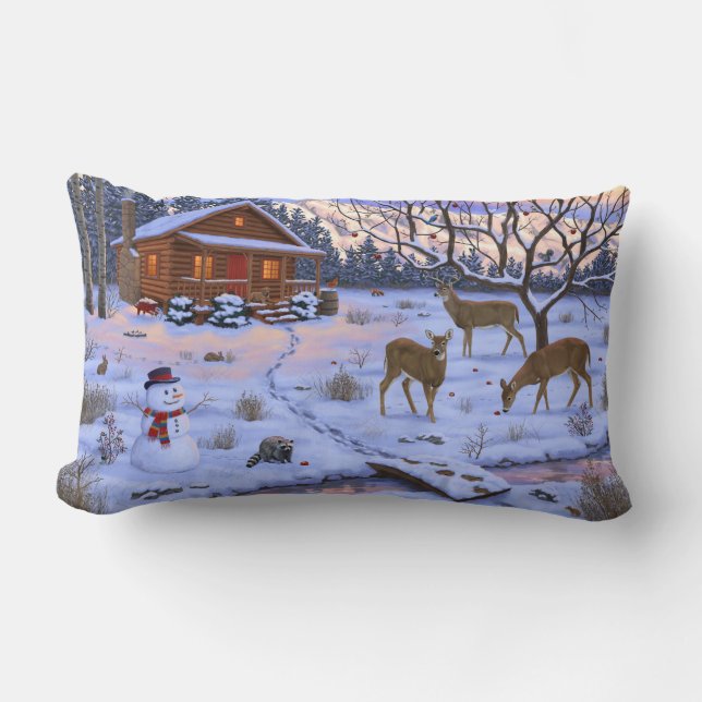 Winter Cabin Deer In Snow Christmas Scene Lumbar Pillow (Front)