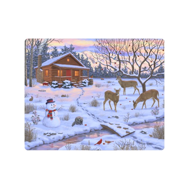 Winter Cabin Deer In Snow Christmas Scene Metal Print (Front)