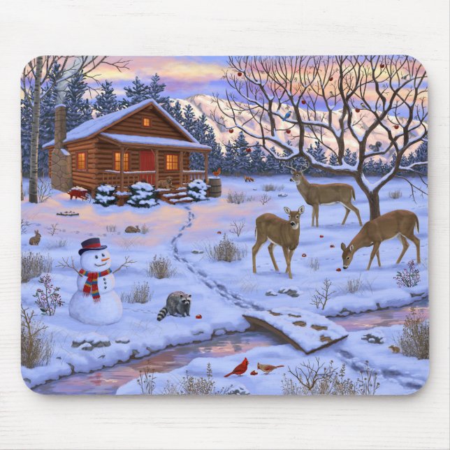 Winter Cabin Deer In Snow Christmas Scene Mouse Pad (Front)