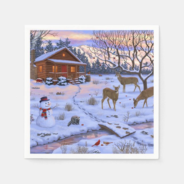 Winter Cabin Deer In Snow Christmas Scene Napkins (Front)