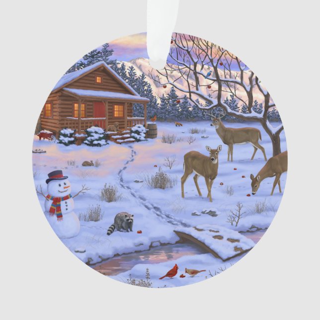 Winter Cabin Deer In Snow Christmas Scene Ornament (Front)