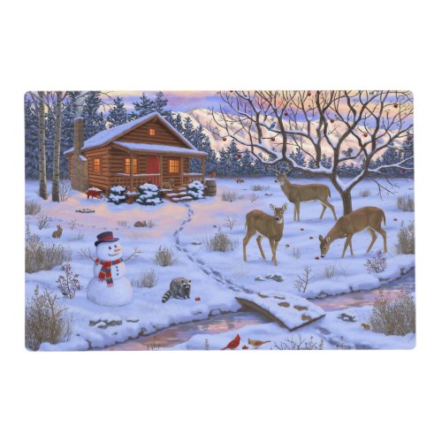Winter Cabin Deer In Snow Christmas Scene Placemat