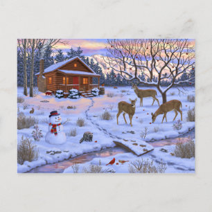 Winter Cabin Deer In Snow Christmas Scene Postcard