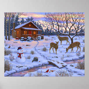 Winter Cabin Deer In Snow Christmas Scene Poster