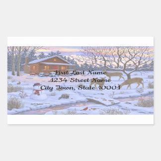 Winter Cabin Deer In Snow Christmas Scene Rectangular Sticker