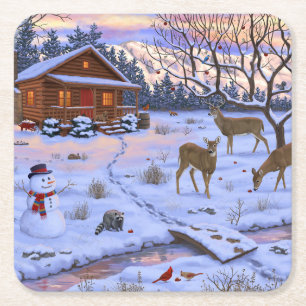 Winter Cabin Deer In Snow Christmas Scene Square Paper Coaster