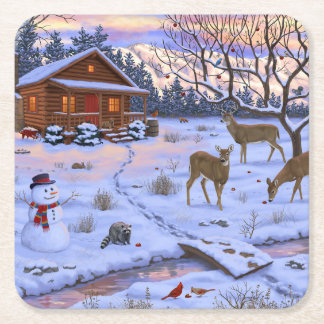 Winter Cabin Deer In Snow Christmas Scene Square Paper Coaster