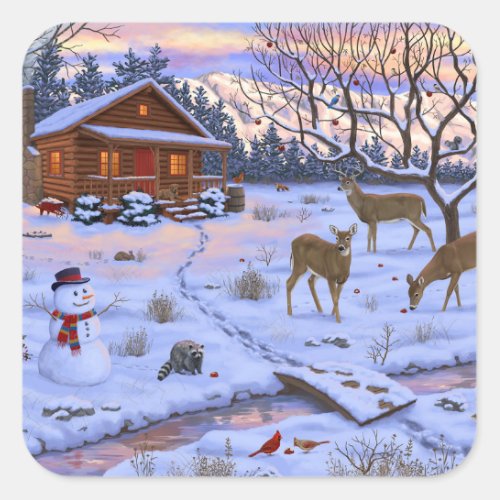 Winter Cabin Deer In Snow Christmas Scene Square Sticker