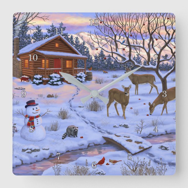 Winter Cabin Deer In Snow Christmas Scene Square Wall Clock (Front)