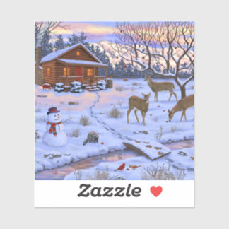 Winter Cabin Deer In Snow Christmas Scene Sticker