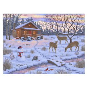 Winter Cabin Deer In Snow Christmas Scene Tablecloth