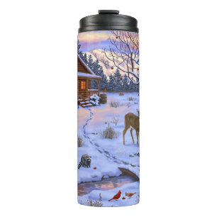 Winter Cabin Deer In Snow Christmas Scene Thermal Tumbler