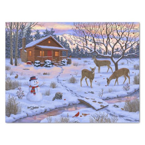 Winter Cabin Deer In Snow Christmas Scene Tissue Paper
