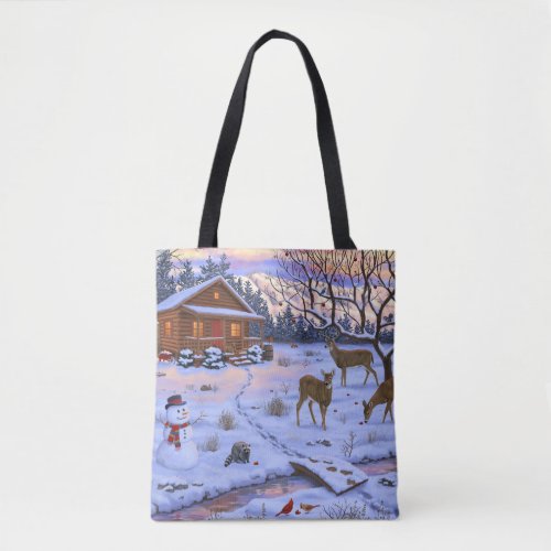 Winter Cabin Deer In Snow Christmas Scene Tote Bag