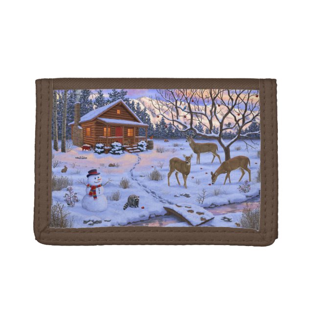 Winter Cabin Deer In Snow Christmas Scene Trifold Wallet (Front)
