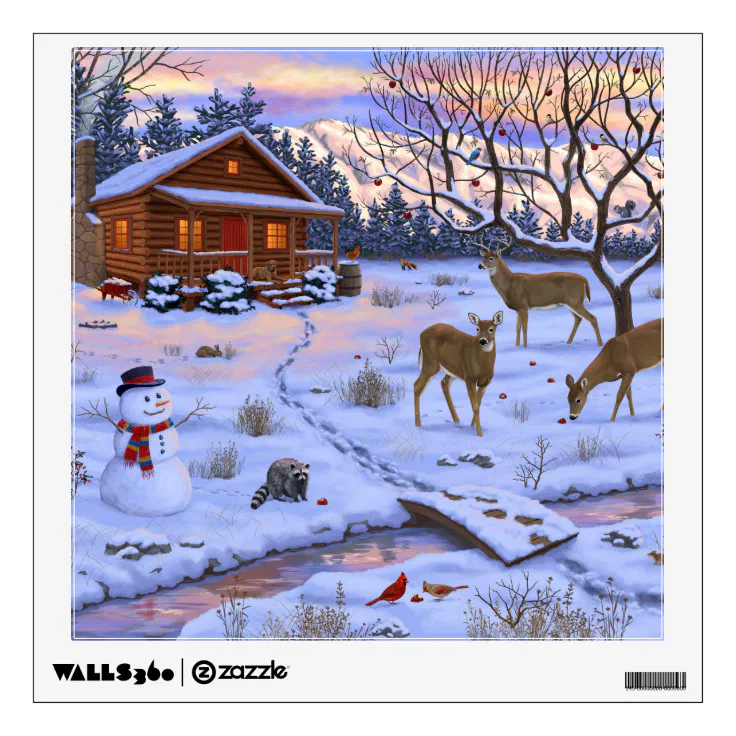 Winter Cabin Deer In Snow Christmas Scene Wall Decal Zazzle