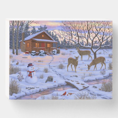 Winter Cabin Deer In Snow Christmas Scene Wooden Box Sign