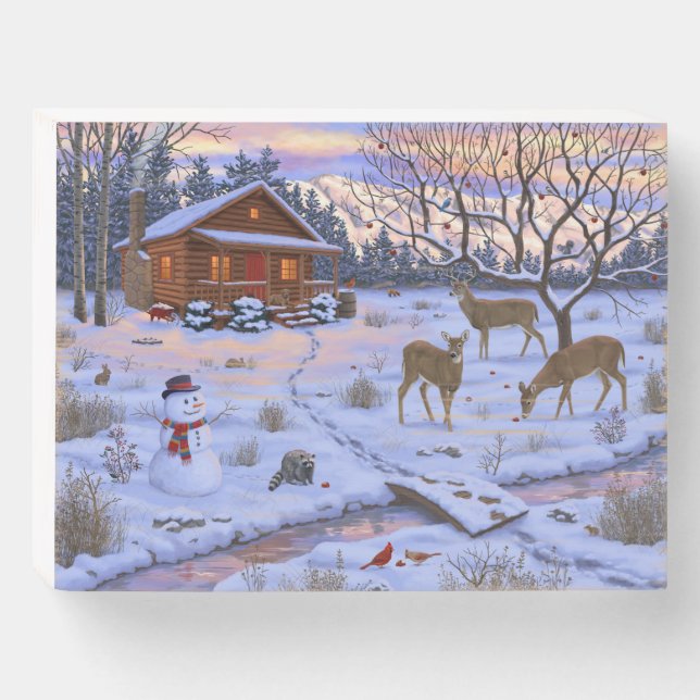 Winter Cabin Deer In Snow Christmas Scene Wooden Box Sign (Front Horizontal)