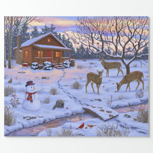 Winter Cabin Deer In Snow Christmas Scene Wrapping Paper