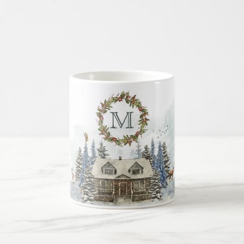 Winter Cabin Forest Animals with Monogram Coffee Mug